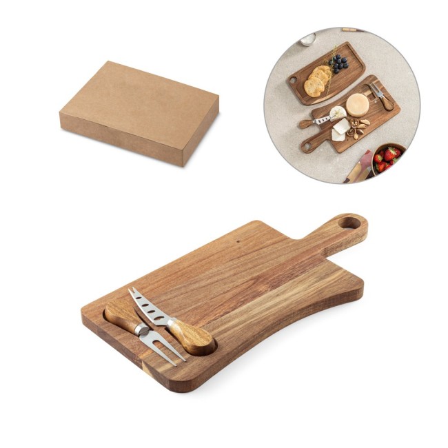 Tábua de Queijos em Madeira de Acácia com 2 Utensílios em Madeira de Acácia e Aço Inox Personalizada H540293