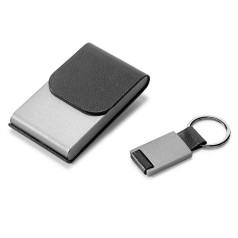 Kit Porta Cartões e Chaveiro em Metal e Couro Sintético Personalizado para Brindes H329