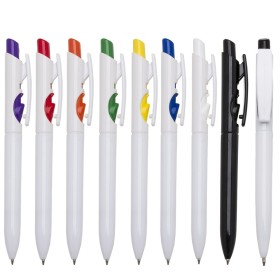 Caneta pvc corpo branco com detalhes no acionador e destravador colorido Personalizada para Brindes H1515