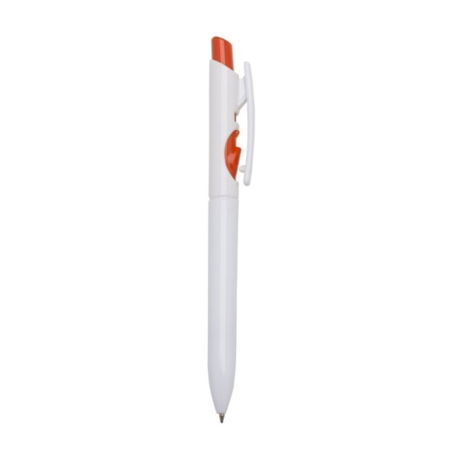 Caneta pvc corpo branco com detalhes no acionador e destravador colorido Personalizada para Brindes H1515