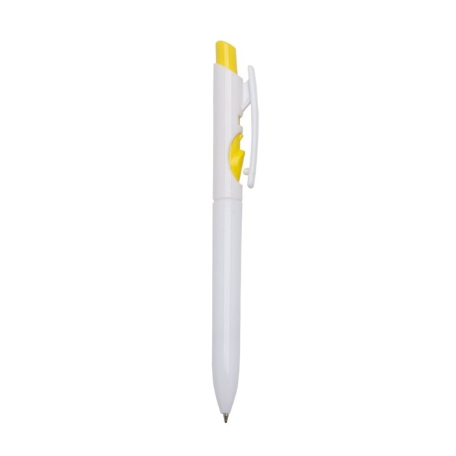 Caneta pvc corpo branco com detalhes no acionador e destravador colorido Personalizada para Brindes H1515
