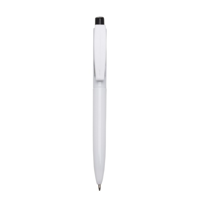 Caneta pvc corpo branco com detalhes no acionador e destravador colorido Personalizada para Brindes H1515