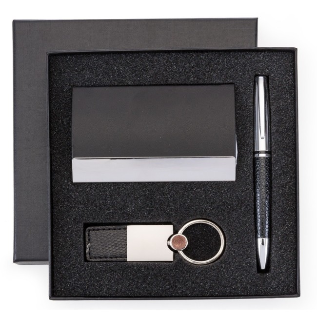 Kit executivo com 3 peças em estojo preto Personalizada para Brindes H1407